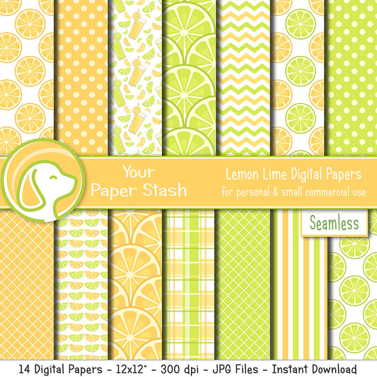 Lemon Lime Digital Scrapbook Papers, Lemonade Limeade Digital Backgrounds and Patterns, Summer Digital Paper Pack