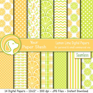 Lemon Lime Digital Scrapbook Papers, Lemonade Limeade Digital Backgrounds and Patterns, Summer Digital Paper Pack