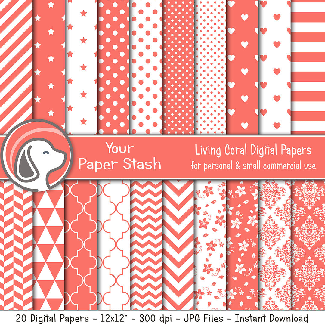 Living Coral Digital Scrapbook Papers & Backgrounds with Polka Dots Stripes Heart & Floral Patterns