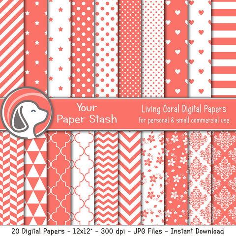 Living Coral Digital Scrapbook Papers & Backgrounds with Polka Dots Stripes Heart & Floral Patterns