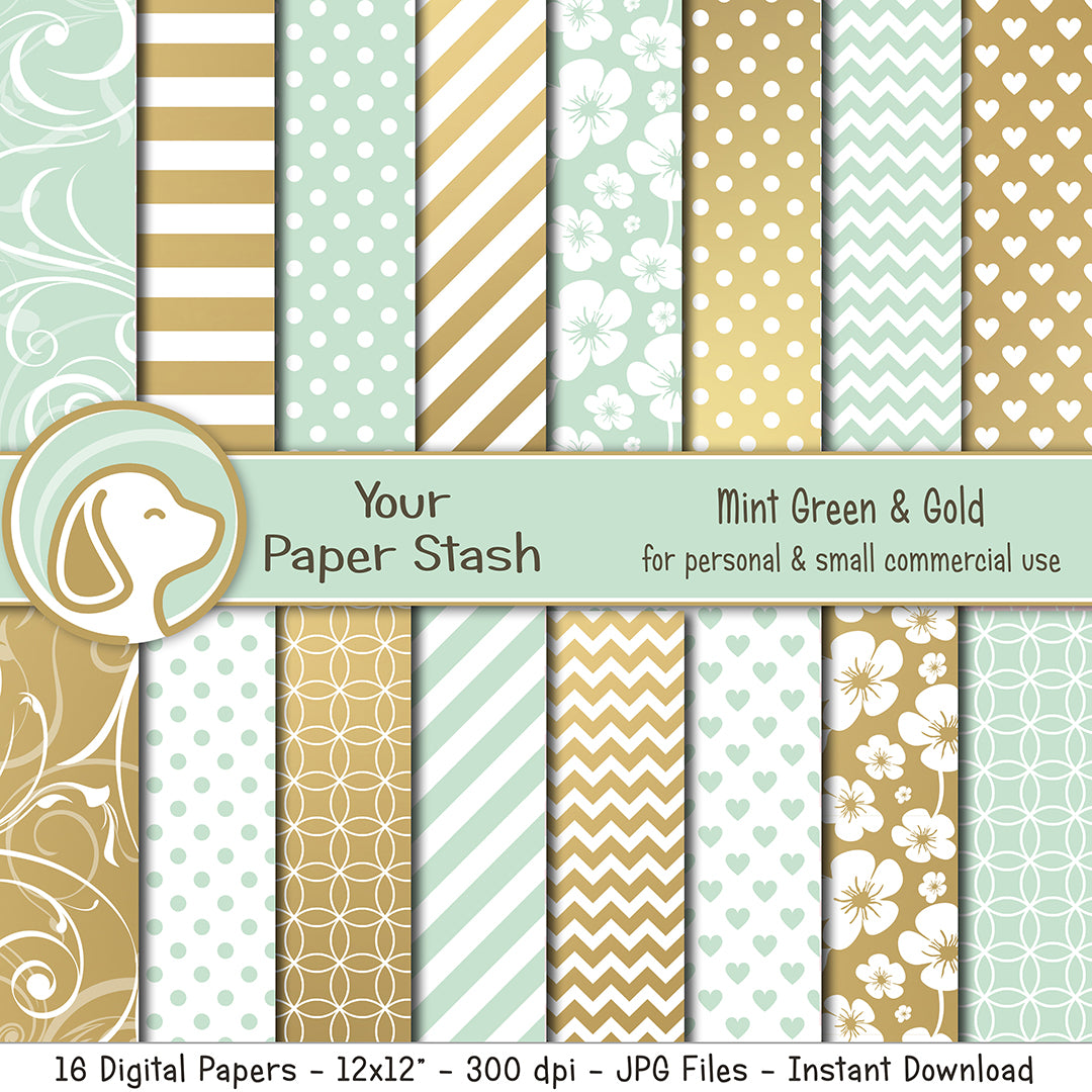 Mint green and gold digital paper pack with floral polka dot stripe and chevron scrapbook backgrounds