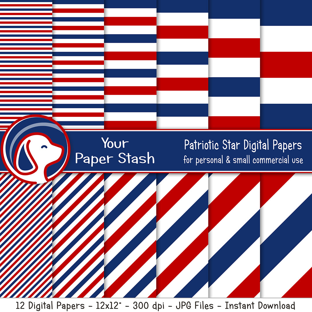 patriotic red white blue stripe digital paper pack, navy and red striped paper