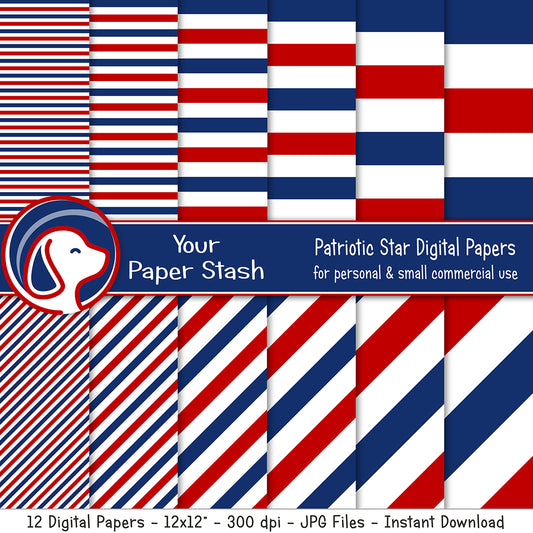 patriotic red white blue stripe digital paper pack, navy and red striped paper