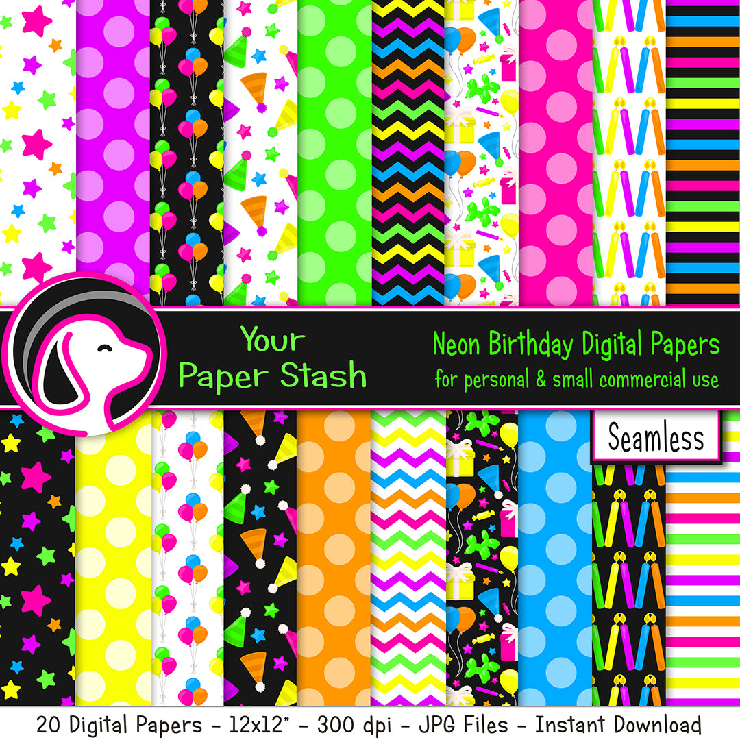 Neon birthday digital scrapbook paper backgrounds, birthday digital patters