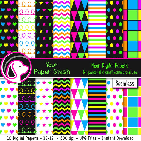seamless neon digital paper patterns, neon backgrounds, neon scrapbook paper