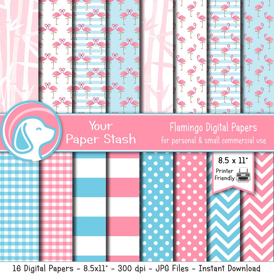 pink aqua blue flamingo digital papers scrapbook backgrounds summer florida vacation backgrounds bamboo designs wide striped paper instant download your paper stash