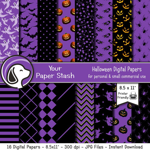purple halloween digital scrapbook paper backgrounds printable pumpkin bats ghosts spiders stripes geometric chevrons