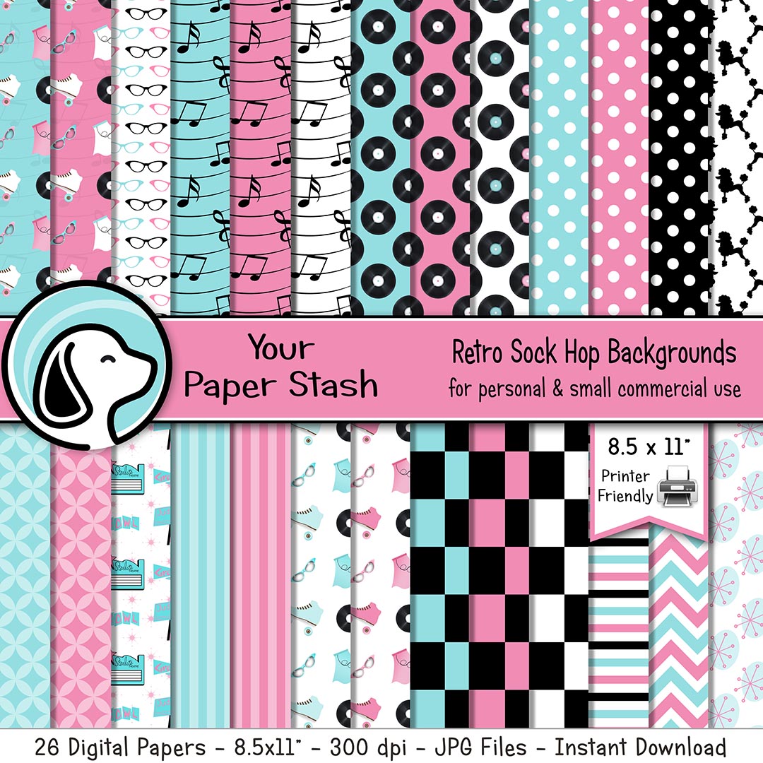 8.5x11" Printable 50s Sock Hop Digital Scrapbook Papers