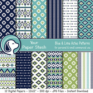 Navy Blue and Lime Green Aztec Digital Scrapbooking Papers and Patterns, Tribal Arrow Digital Paper Pack, Spring and Summer Digital Papers
