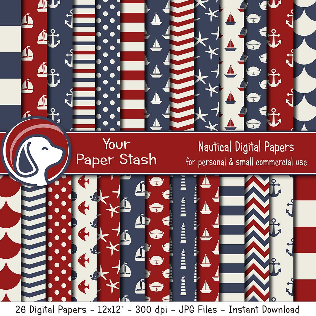 red white blue nautical digital scrapbook paper backgrounds anchors sailboats starfish backgrounds baby shower patriotic scrapbooking ahoy it's a boy 