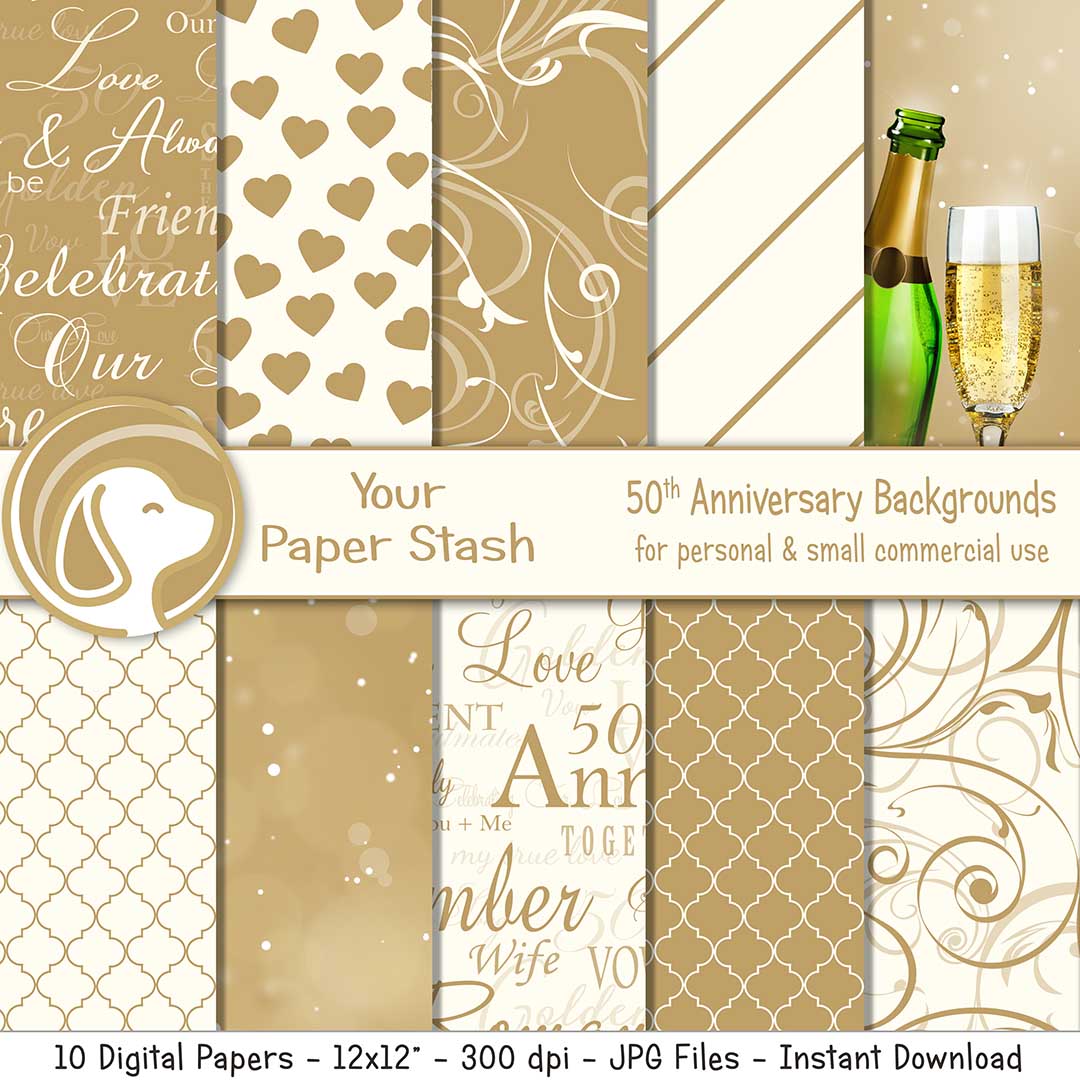 Gold 50th Anniversary Digital Scrapbook Papers and Backgrounds, Golden Anniversary Digital Backgrounds with Bokeh Patterns