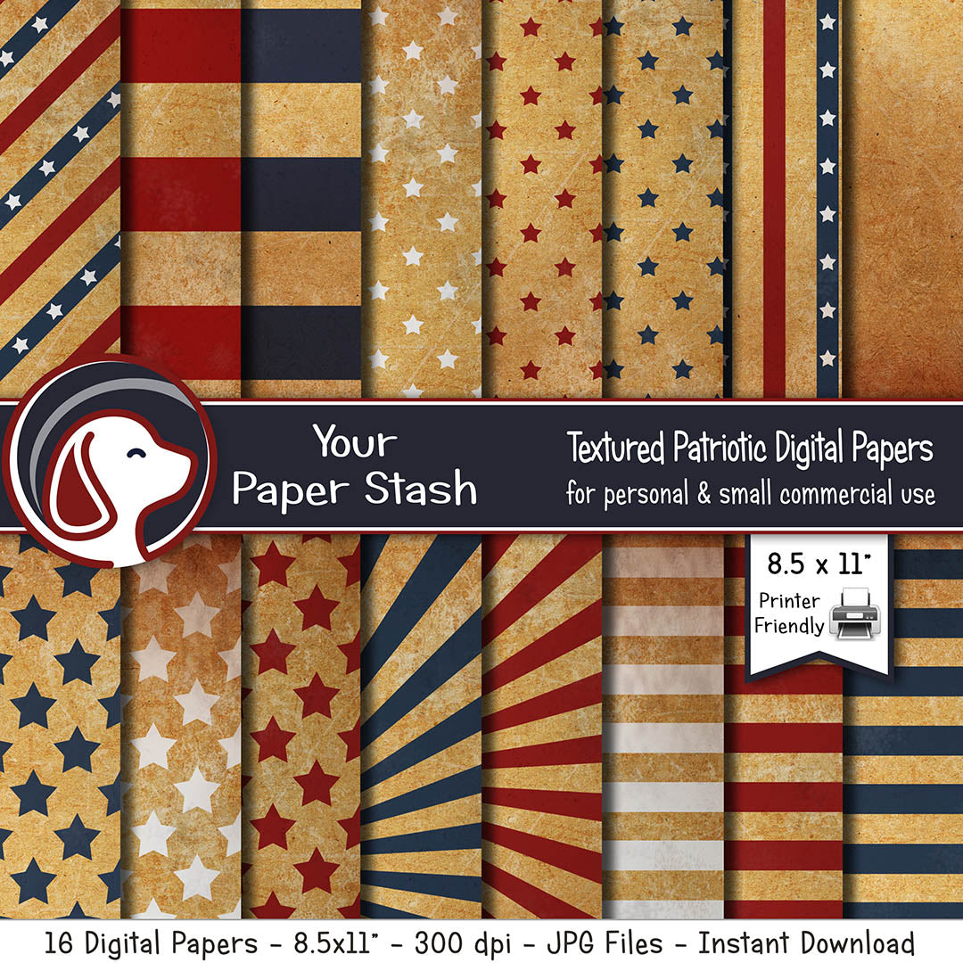 8.5x11" Printable Vintage Patriotic Digital Papers for 4th of July and Memorial Day