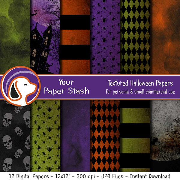 Textured Halloween Digital Scrapbook Papers w/ Haunted House Skulls & Spiders