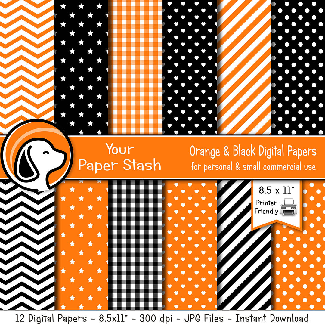 8.5x11" Orange And Black Digital Paper Pack For Halloween