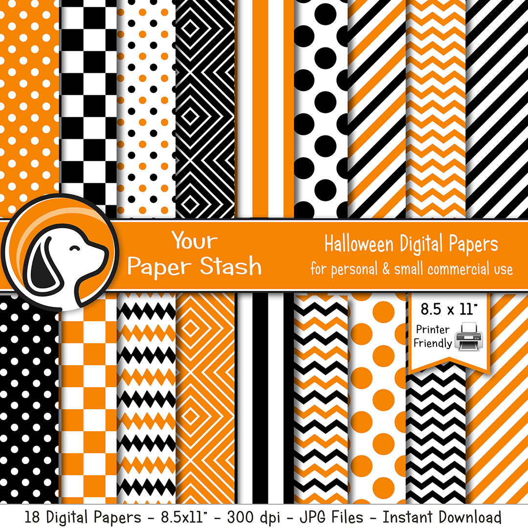 printable orange black halloween geometric digital scrapbook paper backgrounds polka dot diamonds chevron stripes checkerboard patterns