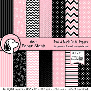 Pink and Black Digital Scrapbook Papers and Backgrounds, Instant Download Papers