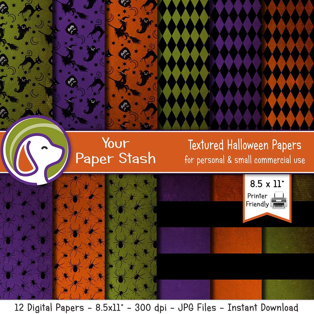 spooky halloween textured digital scrapbook paper orange purple lime green ghost pumpkin witch backgrounds spiders