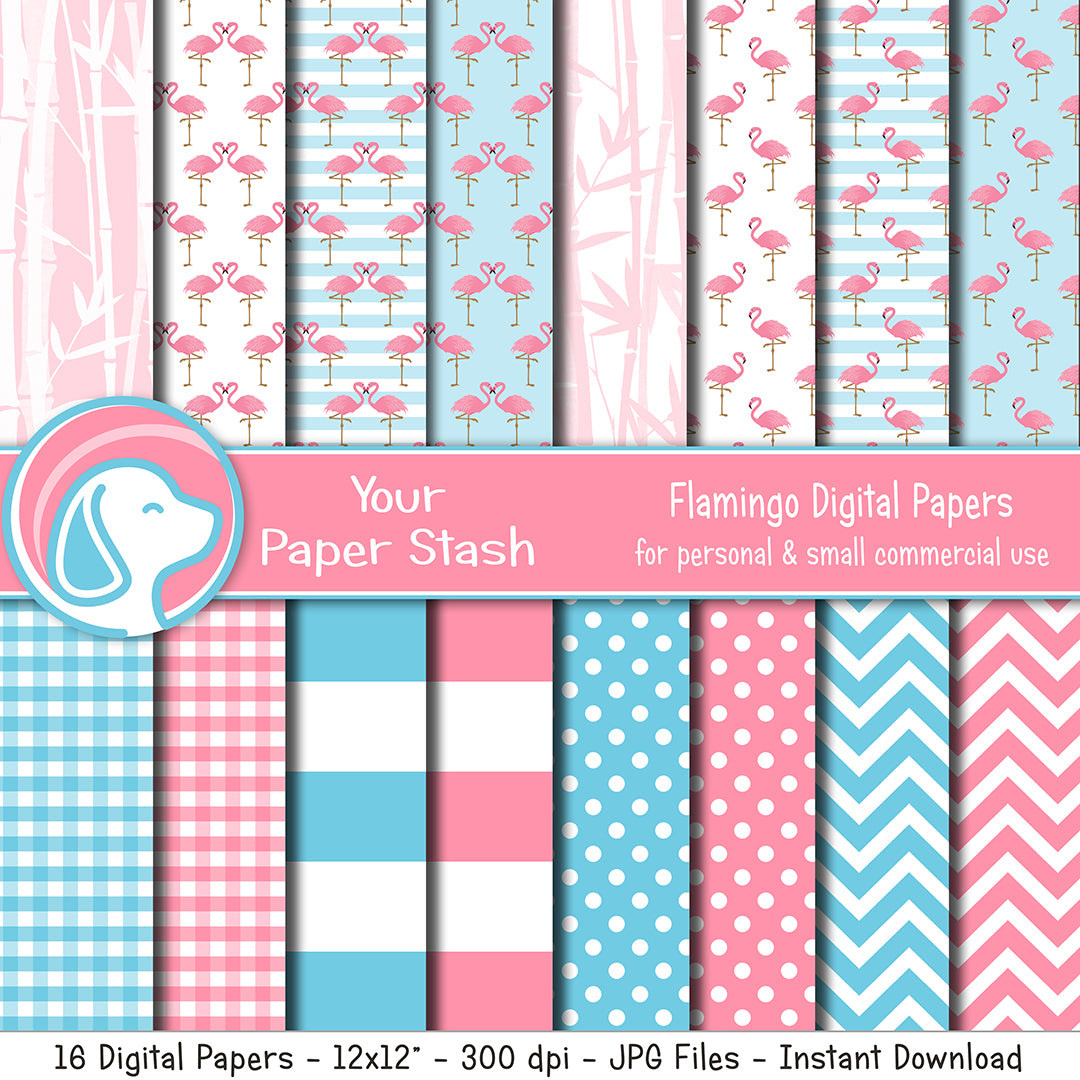 Pink and Aqua Blue Flamingo Digital Scrapbook Papers and Backgrounds, Tropical Vacation Digital Paper Pack, Bamboo Backgrounds