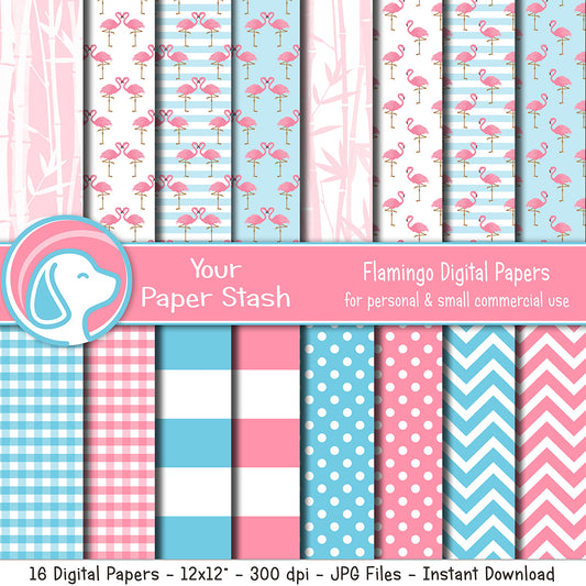 Pink and Aqua Blue Flamingo Digital Scrapbook Papers and Backgrounds, Tropical Vacation Digital Paper Pack, Bamboo Backgrounds