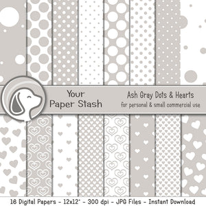Ash Gray Polka Dot And Heart Digital Scrapbook Paper Pack