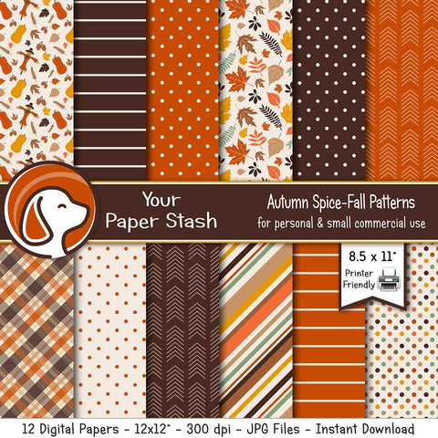 autumn fall pumpkin spice thanksgiving halloween digital scrapbook paper pack instant download scarecrow clipart leaves leaf background backdrop polka dot stripes