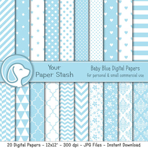 Baby Blue Digital Scrapbook Papers w/ Polka Dots Stripes & Mixed Patterns