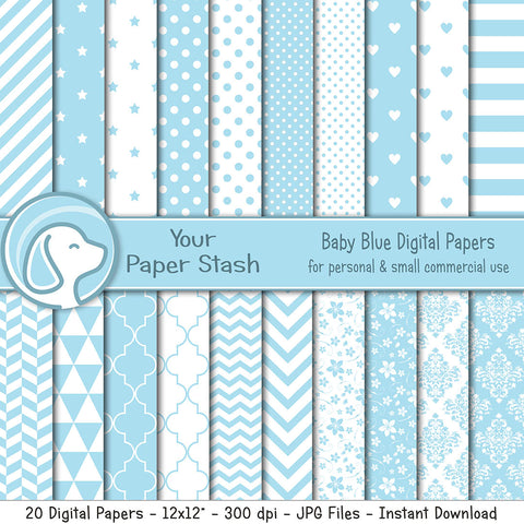 Baby Blue Digital Scrapbook Papers w/ Polka Dots Stripes & Mixed Patterns