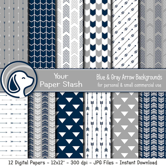 Navy Blue & Gray Arrow Digital Scrapbook Papers & Backgrounds, Arrow Patterned Scrapbooking Pages, Instant Downloads
