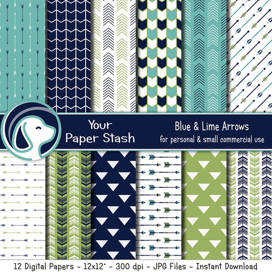 Navy Blue And Lime Arrow Digital Scrapbooking Papers And Backgrounds, Spring and Summer Digital Paper Pack, Commercial Use