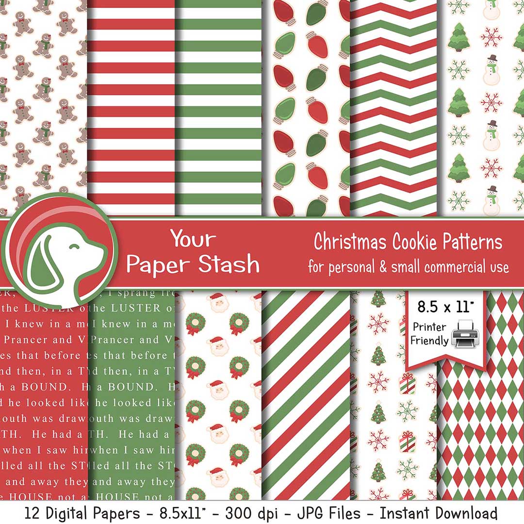 red and green christmas digital paper pack
