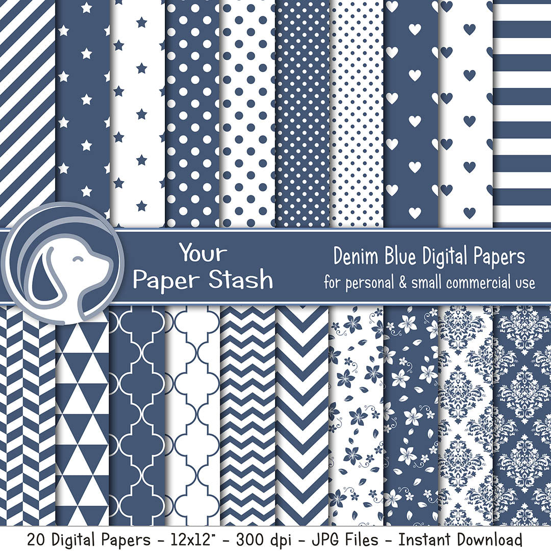 Denim Blue Digital Scrapbook Papers and Backgrounds With Stripe Chevron Polka Dot and Floral Patterns