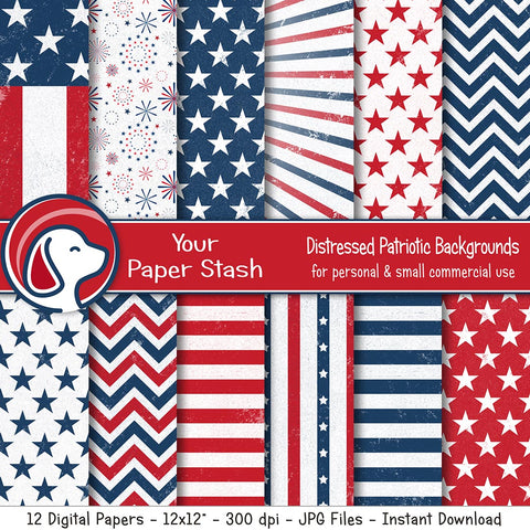 Textured Patriotic Digital Scrapbook Papers and Backgrounds, Stars and Stripes Digital Paper Pack
