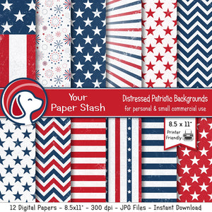 Textured Patriotic Digital Paper Pack | Red White Blue Stars & Stripe Backgrounds