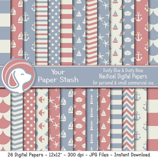 mauve dusty blue nautical baby digital scrapbook scrapbooking paper pack instant downlaod commercial use baby shower gender reveal anchors sailboats starfish chevron stripe backgrounds