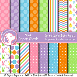 Spring & Easter Digital Scrapbook Papers With Bunny Rabbits & Chicks, Bright Easter Scrapbooking Papers