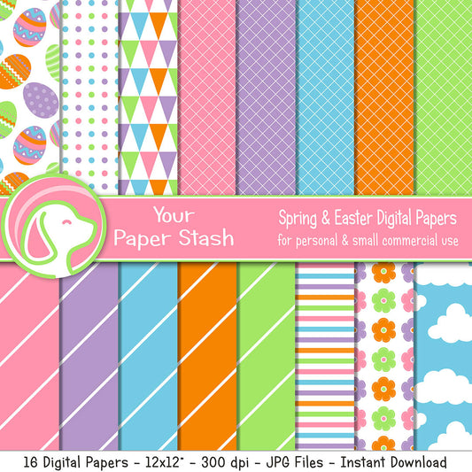 bright easter digital scrapbook papers, easter scrapbooking pages, easter egg clipart, cloud backgrounds