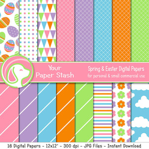 bright easter digital scrapbook papers, easter scrapbooking pages, easter egg clipart, cloud backgrounds