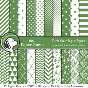 Fiesta Green Digital Scrapbook Papers w/ Floral Designs, Green Polka Dot Stripe Chevron and Star Scrapbook Papers