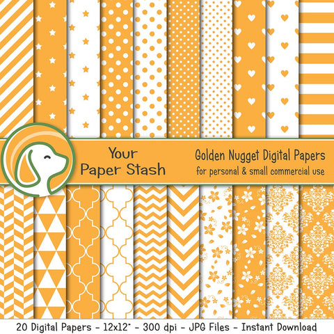 Golden Yellow Digital Scrapbooking Papers w/ Stars Hearts Polka Dots Stripes & Chevron Patterns, Summer Digital Paper Pack w/ Yellow Stars