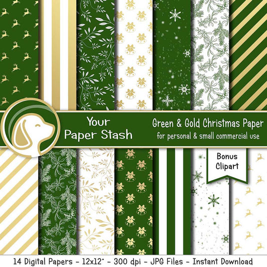 green and gold christmas digital papers