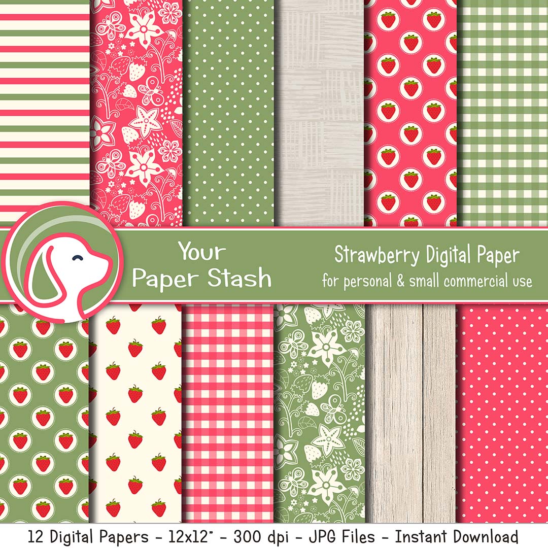 Strawberry Digital Scrapbooking Papers, Summer Berry Digital Paper Pack With Gingham Floral & Striped Patterns