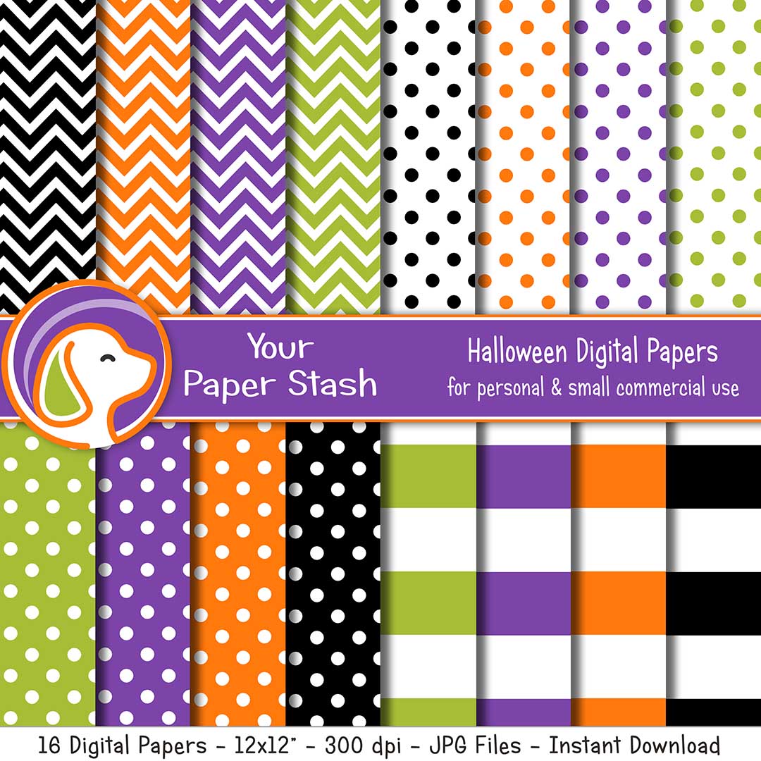 halloween digital scrapbook paper pack wide stripes polka dots chevrons lime green orange black purple