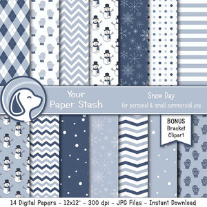Winter Snow Day & Snowman Digital Scrapbook Papers and Backgrounds