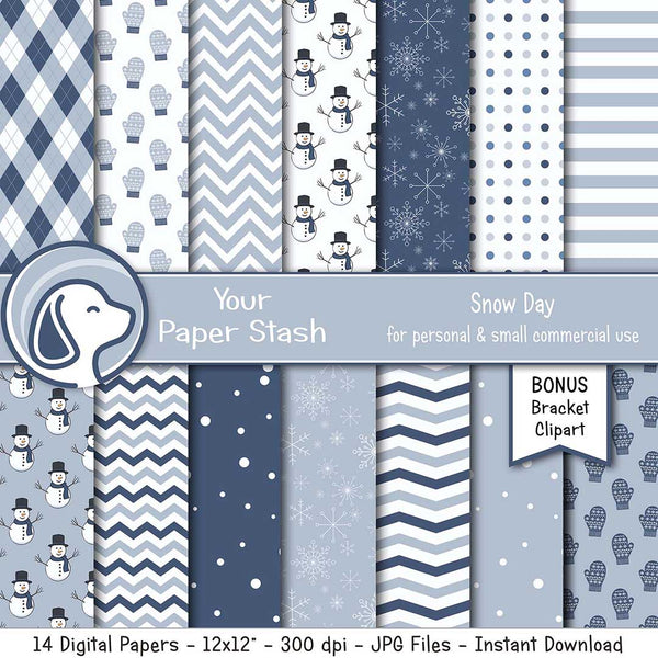 Winter Snow Day & Snowman Digital Scrapbook Papers and Backgrounds