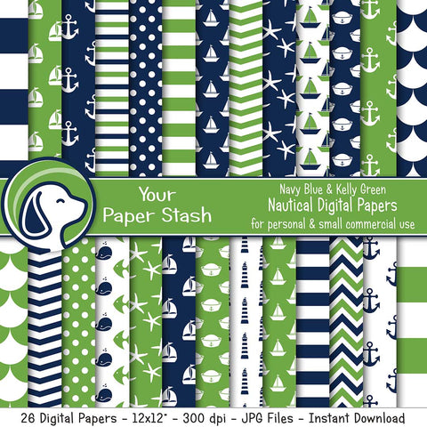 nautical digital scrapbook paper pack navy blue kelly green sailboat anchor chevron stripe ppolka dot lighthouse whale fish digital backgrounds instant download commercial use your paper stash yourpaperstash