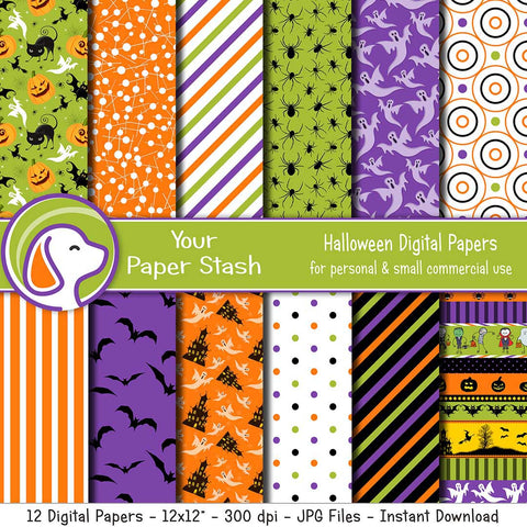 kids halloween digital scrapbook paper backgrounds ghost pumpkin haunted house bats trick or treat collage sheets backgrounds spiders