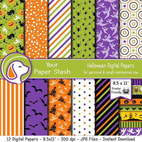 kids halloween pumpkin black cat spiders ghost digital scrapbook paper background polka dot bats printable 