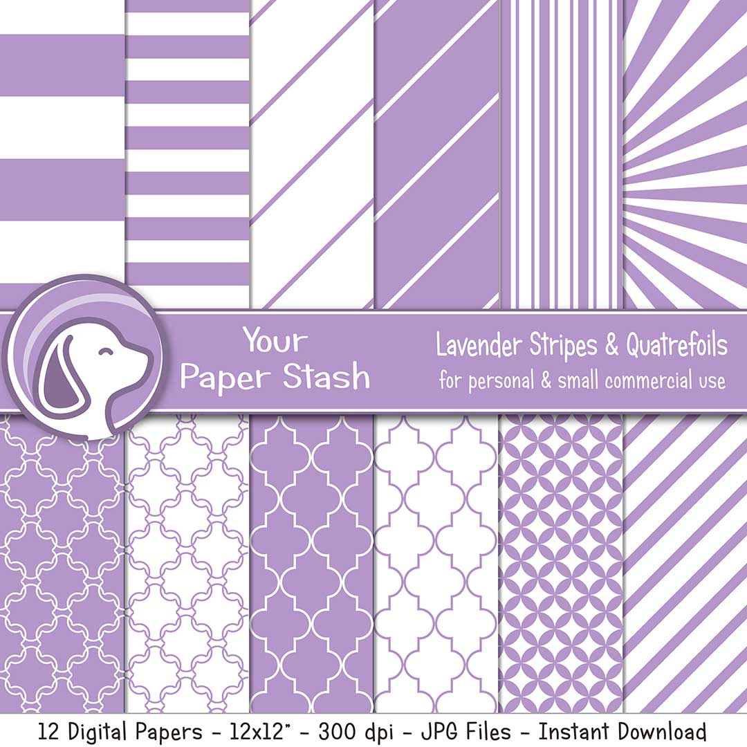 lavender purple stripe quatrefoil digital paper patterns sunburst