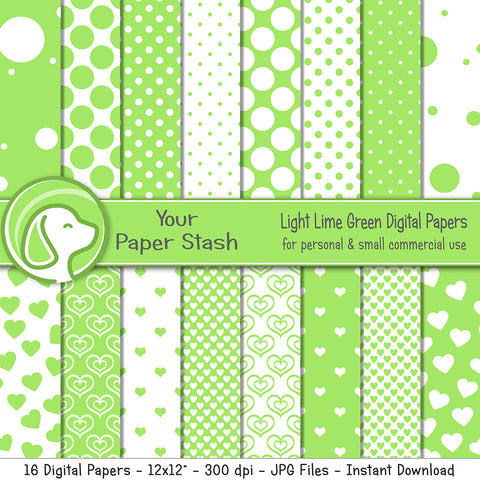 Lime Green and Polka Dot Digital Scrapbook Paper Patterns, Lime Summer Scrapbooking Pages, Bright Digital Papers