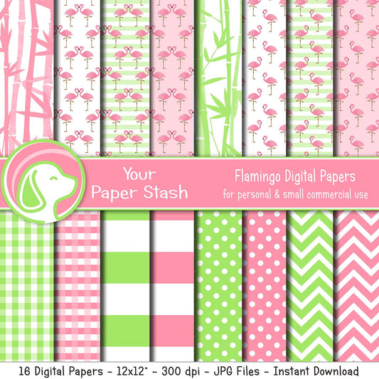 Pink and Lime Green Flamingo Digital Scrapbooking Papers, Summer Tropical Party Backgrounds, Miam Flamingo Digital Papers